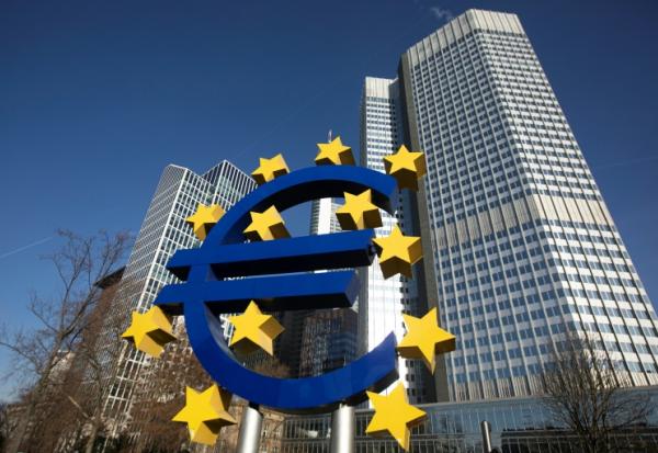 The sculpture depicting the Euro currency symbol in Frankfurt am Main