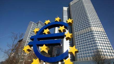 The sculpture depicting the Euro currency symbol in Frankfurt am Main