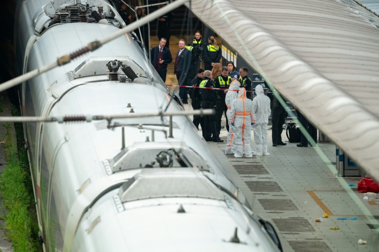 Des membres de la police scientifique et des policiers sur un quai de la gare centrale de Hambourg, où au moins 12 personnes ont été blessées lors d'une attaque au couteau, le 23 mai 2025 en Allemagne