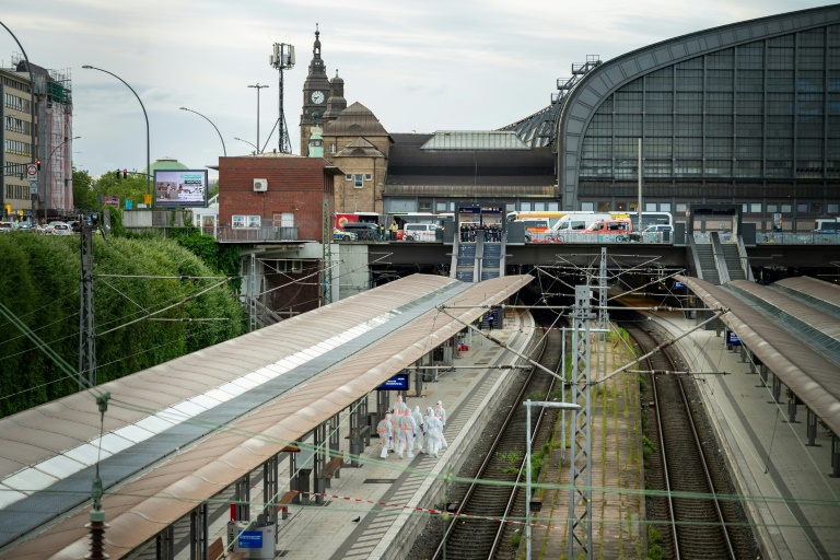 Des membres de la police scientifique sur le quai de la gare centrale de Hambourg, où au moins 12 personnes ont été blessées lors d'une attaque au couteau, le 23 mai 2025 en Allemagne