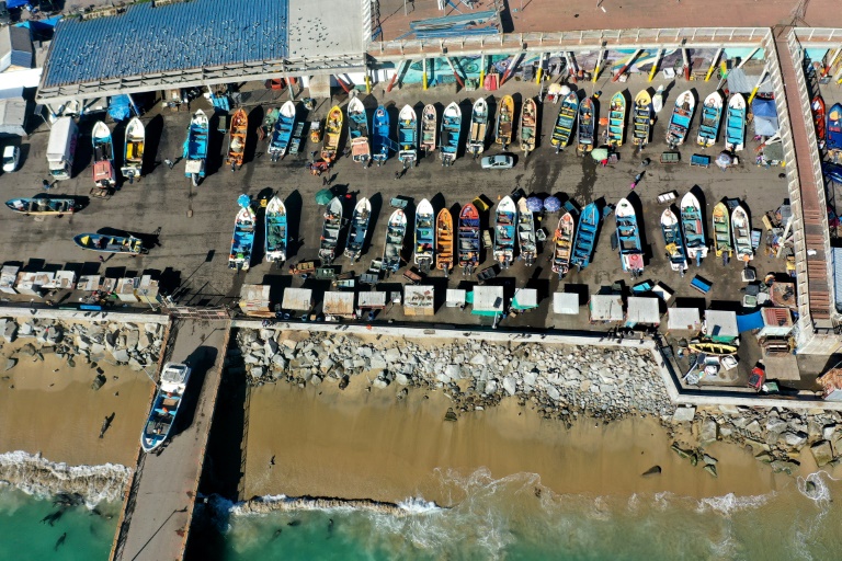 Vue aérienne de bateaux de pêche à Caleta Portales, à Valparaison, au Chili, le 27 mai 2025