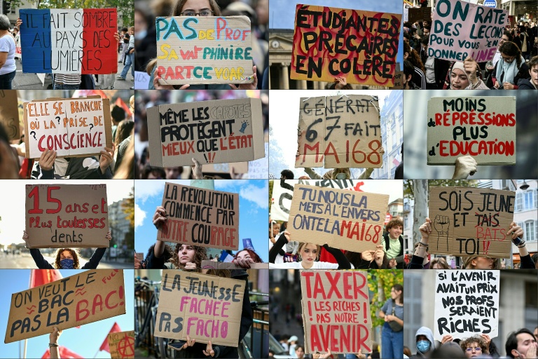 Pancartes de manifestants brandies lors de la mobilisation lycéenne et étudiante entre le 6 et le 13 octobre 2026 dans plusieurs villes de France