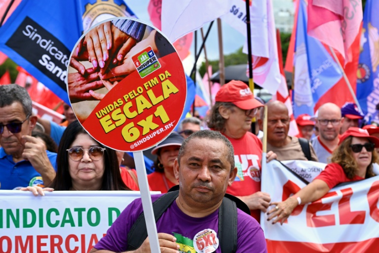 Des travailleurs manifestent pour la fin de la semaine de travail de 6 jours à Brasilia, le 15 avril 2026