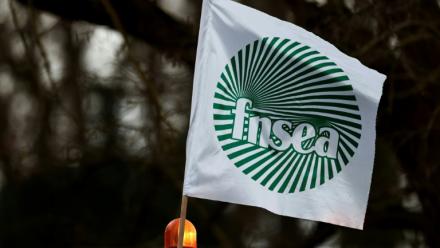 Drapeau FNSEA lors d'un rassemblement à Chambly, dans l'Oise, à 70 km au nord de Paris, le 29 janvier 2024.