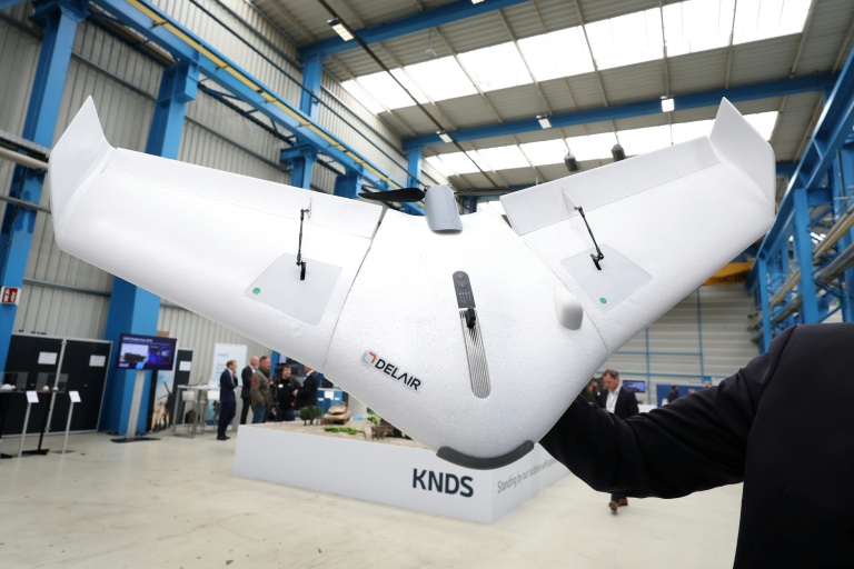 Le drone Oscar coproduit par le française Delair et franco-allemand KNDS présenté à Munich, le 19 mars 2026