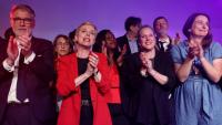 Olivier Faure, premier secrétaire du PS, Clémentine Autain, Lucie Castets et Marine Tondelier, secrétaire nationale des Ecologistes, lors du meeting du Front populaire 2027, le 5 mai 2026 à Paris