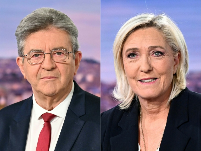 Le leader LFI Jean-Luc Mélenchon (g) le 3 mai 2026 et la cheffe du groupe parlementaire RN à l'Assemblée nationale Marine Le Pen le 10 juin 2024, sur le plateau de TF1 à Boulogne-Billancourt, dans les Hauts-de-Seine