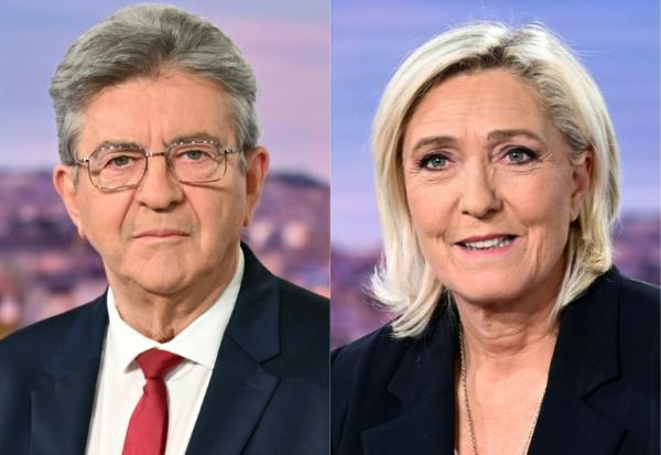Le leader LFI Jean-Luc Mélenchon (g) le 3 mai 2026 et la cheffe du groupe parlementaire RN à l'Assemblée nationale Marine Le Pen le 10 juin 2024, sur le plateau de TF1 à Boulogne-Billancourt, dans les Hauts-de-Seine