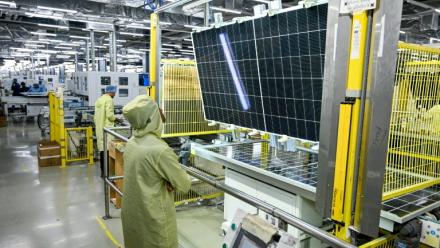 Des employés dans une usine de panneaux solaires du groupe Adani à Mundra, dans l'ouest de l'Inde, le 5 novembre 2025 
