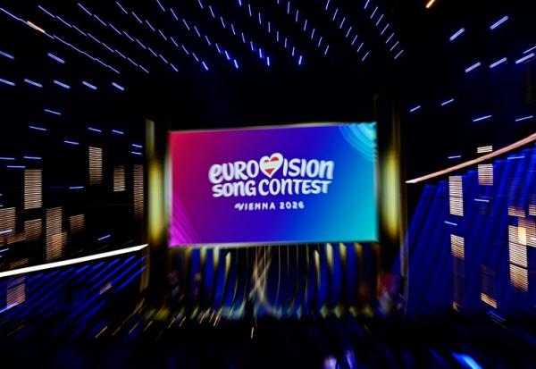 Logo du concours de l'Eurovision lors de la demi-finale de l'édition 2026 à Vienne, le 12 mai 2026.