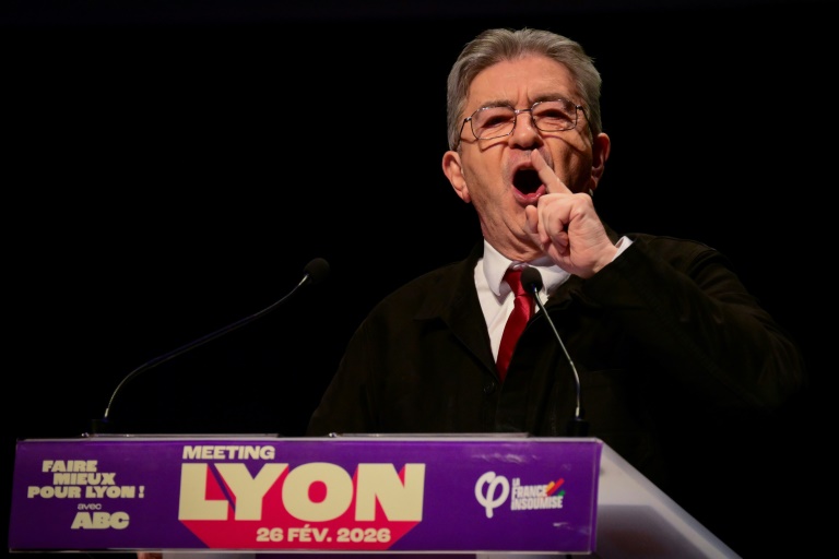 Le leader de la France Insoumise (LFI), Jean-Luc Mélenchon, lors d'un meeting de campagne du candidat LFI tête de liste aux élections municipales de Lyon, le 26 février 2026 à Lyon