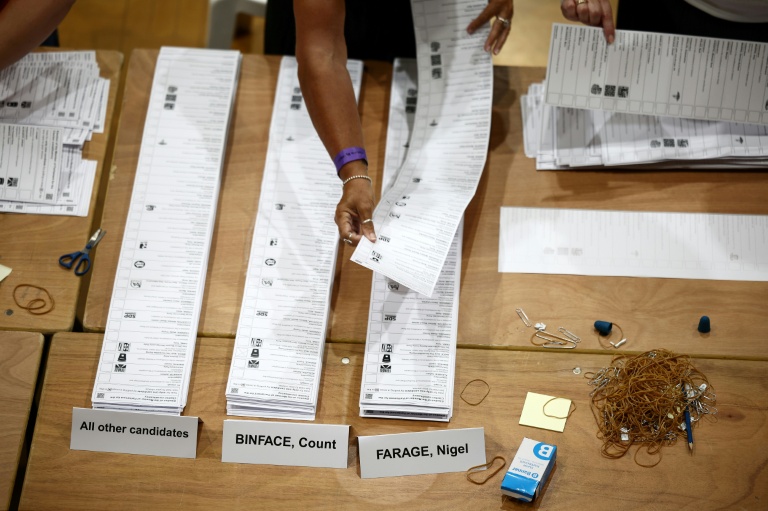 Un scrutateur ajoute un bulletin de vote à la pile en faveur du candidat du Reform UK, Nigel Farage, lors du dépouillement du scrutin de l'élection partielle de Clacton, dans l'est de l'Angleterre, le 14 août 2026