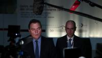 Le ministre des Transports Philippe Tabarot et le pdg de SNCF Réseau Matthieu Chabanel lors d'une conférence de presse le 27 octobre 2025 à Paris 