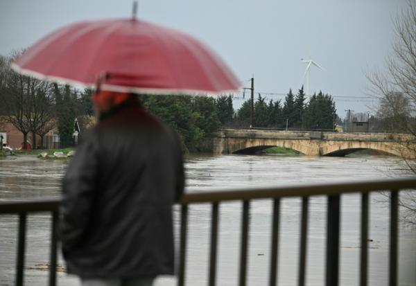 Un passant observe le débordement de l'Aude après des fortes pluies à Coursan, le 19 janvier 2026 dans l'Aude