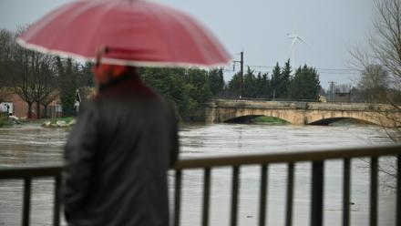 Un passant observe le débordement de l'Aude après des fortes pluies à Coursan, le 19 janvier 2026 dans l'Aude