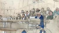 Croquis d'audience du 28 avril 2025 à l'ouverture du procès pour vol et séquestration en 2016 de l'influenceuse américaine Kim Kardashian à la cour d'assises de Paris