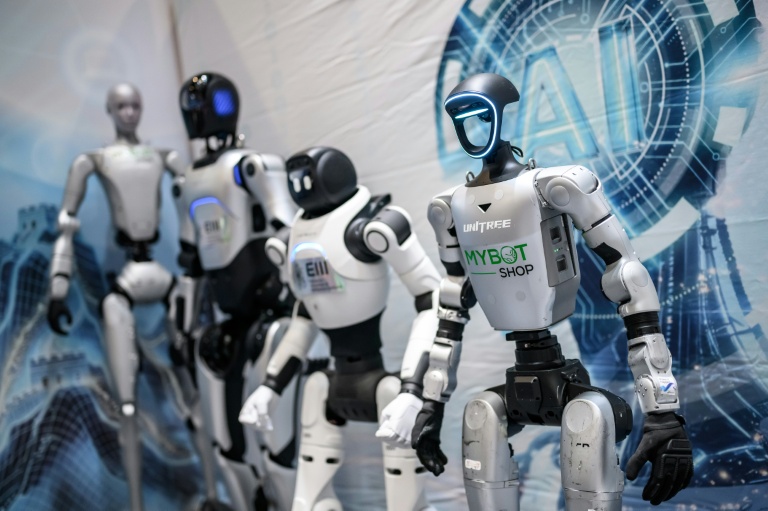 Des robots humanoïdes exposés sur le stand d'entreprises technologiques chinoises lors du sommet mondial 