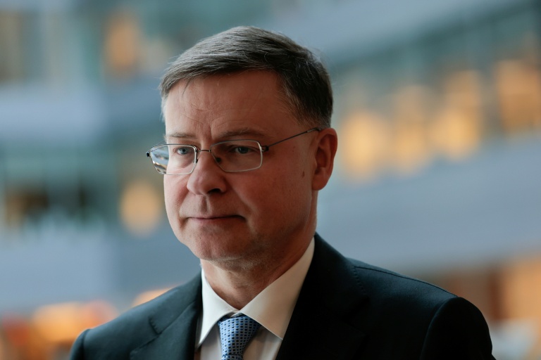 Le commissaire européen à l'Economie Valdis Dombrovskis, lors des réunions de printemps du FMI et du Groupe de la Banque mondiale à Washington, le 16 avril 2026