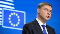 Le commissaire européen à l'Economie, Valdis Dombrovskis, au siège de la Commission européenne le 20 janvier 2026.
