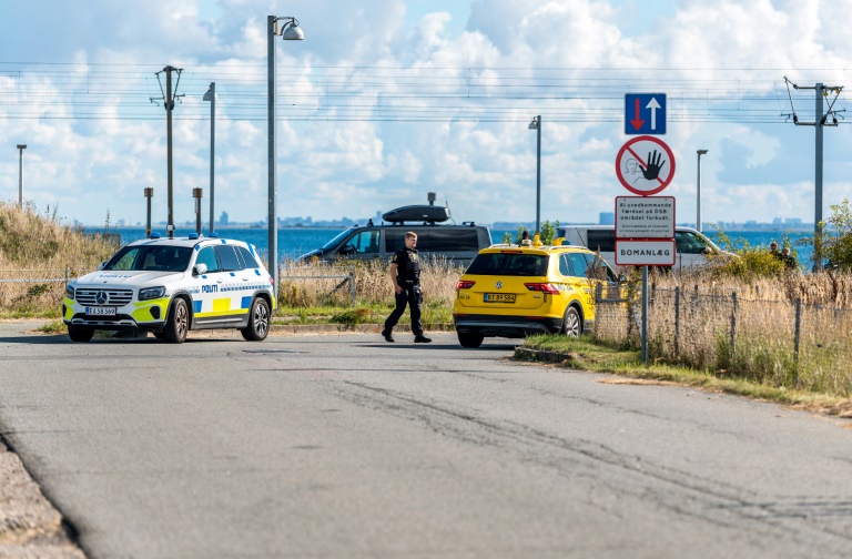 Des policiers près de l'aéroport de Copenhague, après un survol de drones, le 23 septembre 2025 au Danemark