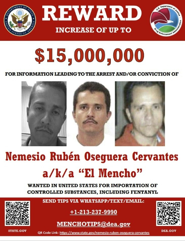 Cette photo publiée par le département d'Etat américain le 4 décembre 2024, montre une affiche offrant une récompense pour la capture du puissant chef du cartel de la drogue mexicain Nemesio Oseguera
