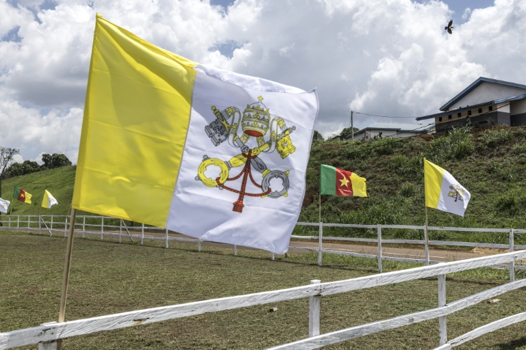 Des drapeaux du Cameroun et du Vatican à l'aéroport de Bamenda, le 14 avril 2026, à la veille de la visite du pape Léon XIV au Cameroun