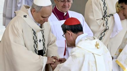 Le cardinal philippin Luis Antonio Gokim Tagle remet l'anneau du pêcheur au doigt du pape Léon XIV lors d'une messe pour le début de son pontificat, sur la place Saint-Pierre au Vatican, le 18 mai 2025.