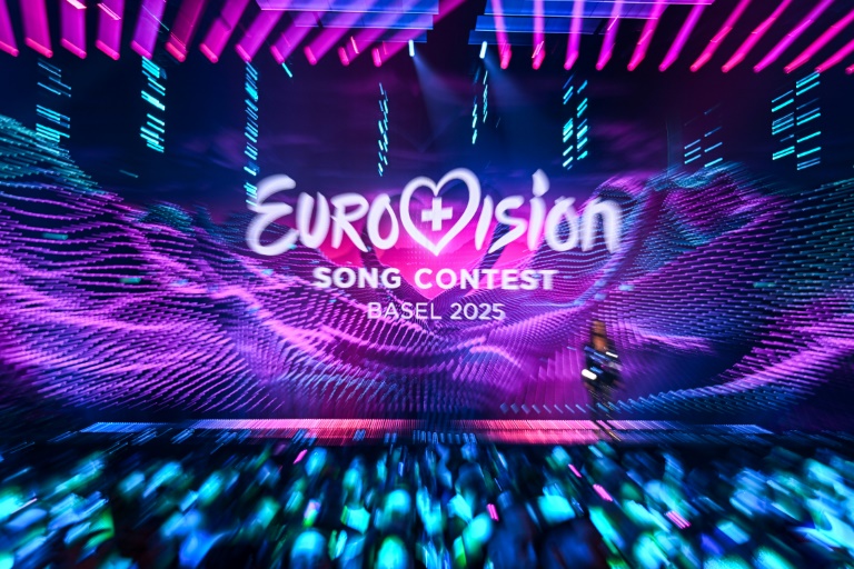 Le logo du Concours Eurovision de la Chanson 2025, le 14 mai 2025 à Bâle, en Suisse