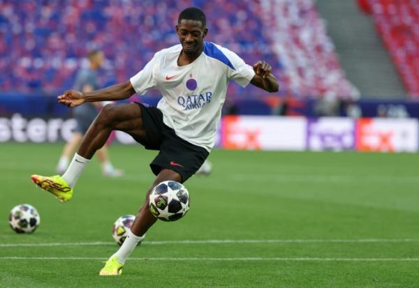 L'attaquant vedette du PSG Ousmane Dembélé à l'entraînement, le 29 mai 2026 à Budapest