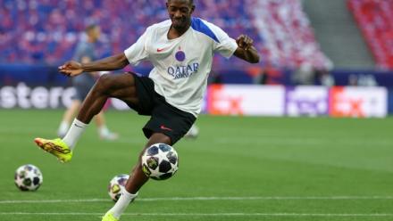 L'attaquant vedette du PSG Ousmane Dembélé à l'entraînement, le 29 mai 2026 à Budapest