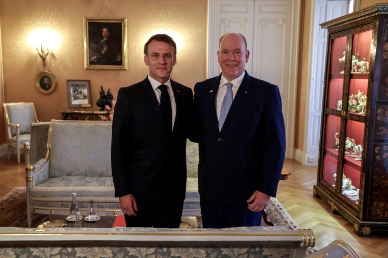 Le président français Emmanuel Macron (g) et le prince Albert II de Monaco dans un salon du palais princier, le 7 juin 2025 à Monaco