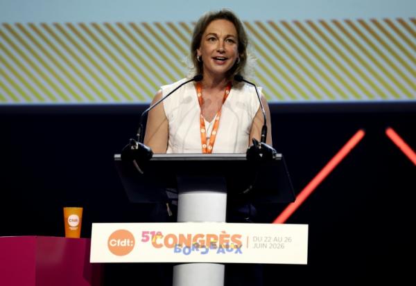 La secrétaire générale du syndicat Confédération française démocratique du travail (CFDT), Marylise Léon, prononce un discours lors de l'ouverture du 51e congrès de la confédération, Bordeaux, le 22 juin 2026