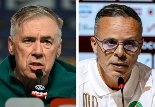 Montage des portraits du sélectionneur italien du Brésil Carlo Ancelotti (g) en conférence de presse à Teresopolis (Brésil) le 30 mai 2026 et du sélectionneur du Maroc Mohamed Ouahbi devant la presse à Sale (Angleterre) le 26 mai 2026