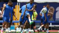 Michael Olise à l'entraînement avec l'équipe de France lundi à la Southern Methodist University (SMU) près de Dallas, au Texas, avant la demi-finale du Mondial contre l'Espagne mardi.