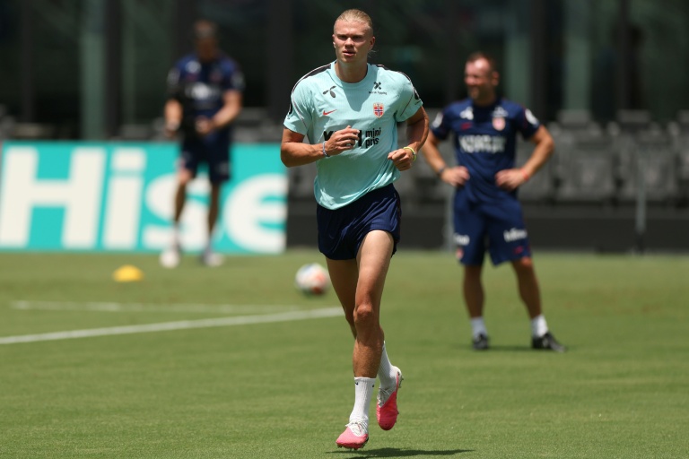 L'attaquant vedette de la Norvège Erling Haaland, à l'entraînement, le 9 juillet 2026 à Fort Lauderdale en Floride
