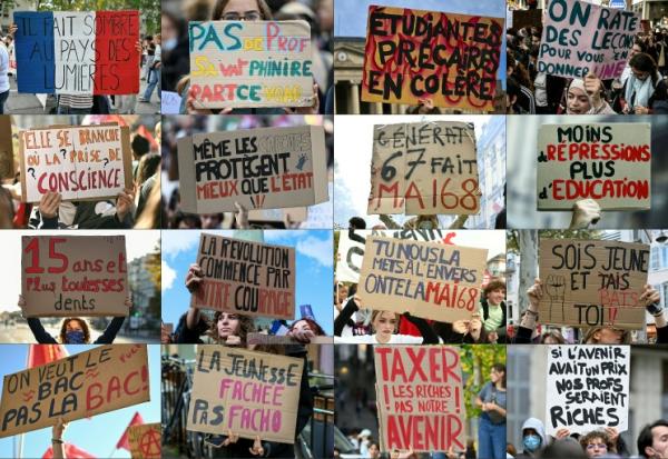 Combinaison de photographies créée le 14 octobre 2026 de pancartes brandies lors des manifestations lycéennes du 6 au 13 octobre 2026 dans plusieurs villes de France