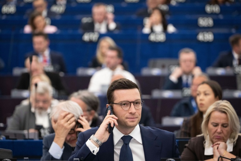 Le président du Rassemblement National (RN) et député européen Jordan Bardella (c) lors d'une session plénière au Parlement européen à Strasbourg, le 29 avril 2026 dans le Bas-Rhin