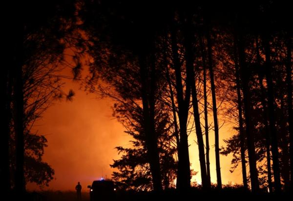 Un pompier observe un incendie de forêt qui fait rage près de Luglon, dans les Landes, le 13 août 2026