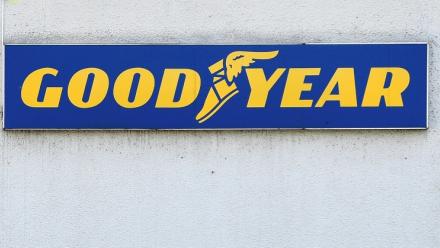 Logo Goodyear à l'usine de Colmar-Berg, le 14 mai 2024.