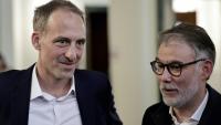Raphaël Glucksmann, à gauche, avec Olivier Faure, le 11 avril 2026, à Montreuil, en Seine-Saint-Denis