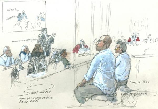 Croquis d'audience du 9 septembre 2026 montrant les militants d'extrême droite Loik Le Priol (2e d) et Romain Bouvier (3e d), au troisième jour de leur procès devant la cour d'assises de Paris pour le meurtre en 2022 du rugbyman international argentin Federico Martin Aramburu