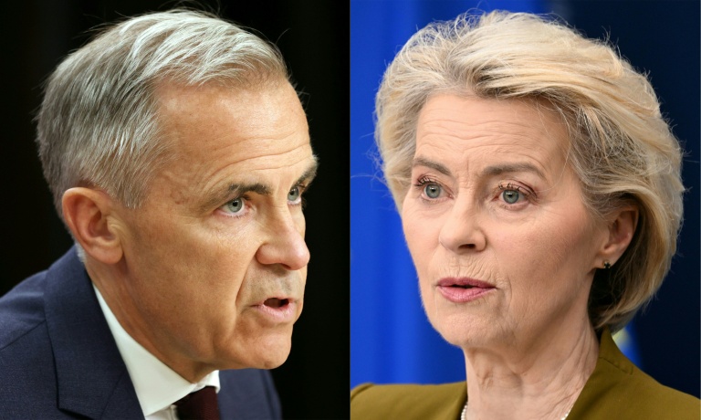 Le Premier ministre canadien Mark Carney donne une conférence de presse le 25 juin 2026 à Ottawa, et le président de la Commission européenne Ursula von der Leyen s'exprime le 9 juin 2026 à Bruxelles