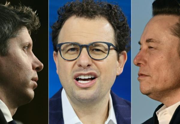 Cette combinaison d'images réalisée le 12 septembre 2026 montre, de gauche à droite, le patron d'Open AI Sam Altman, le patron d'Anthropic Dario Amodei et Elon Musk, patron notamment de xAI