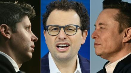 Cette combinaison d'images réalisée le 12 septembre 2026 montre, de gauche à droite, le patron d'Open AI Sam Altman, le patron d'Anthropic Dario Amodei et Elon Musk, patron notamment de xAI