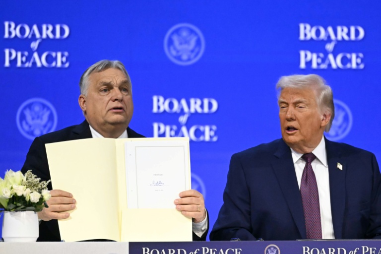 Le Premier ministre hongrois Viktor Orban tient la charte fondatrice du 