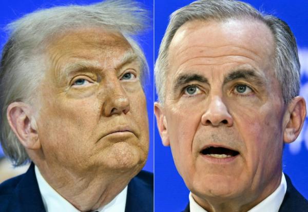 Combinaison d'images montrant, à gauche, le président américain Donald Trump à Davos, en Suisse, le 22 janvier 2026, et, à droite, le Premier ministre canadien, Mark Carney, dans la même ville, le 20 janvier 2026
 US President Donald Trump on January 24, 2026, warned Canada that if it concludes a trade deal with China, he will impose a 100 percent tariff on all goods coming over the border. If Canadian Prime Minister Mark Carney "thinks he is going to make Canada a 'Drop Off Port' for China to send goods and products into the United States, he is sorely mistaken," Trump wrote on his Truth Social platform.

