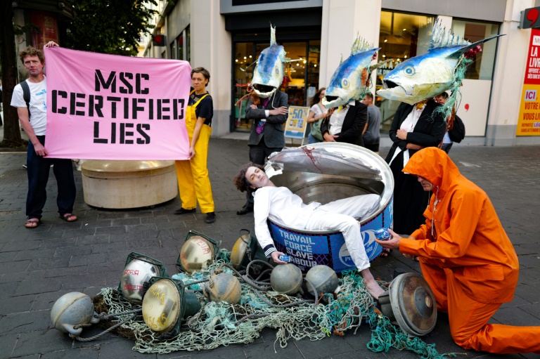 Manifestation de l'ONG Ocean Rebellion à Nice (France) pour dénoncer les labels de certification du thon, le 8 juin 2025 avant le Sommet des Océans 