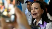 La cheffe de l'opposition vénézuélienne Maria Corina Machado lors d'un rassemblement de campagne du candidat à la présidence Edmundo Gonzalez Urrutia, à Barinas, au Venezuela, le 6 juillet 2024